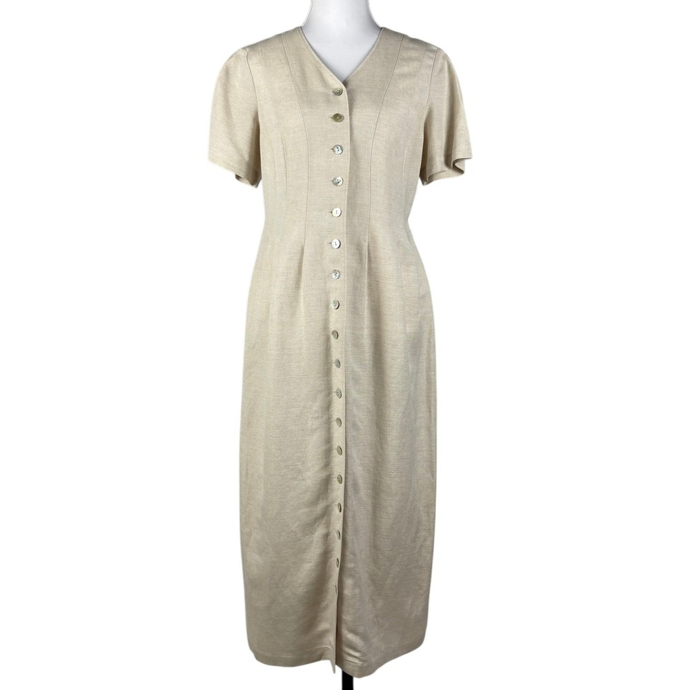 Orvis Linen Midi Dress Womens 6P Beige Shell Button Front Short Sleeve Vintage